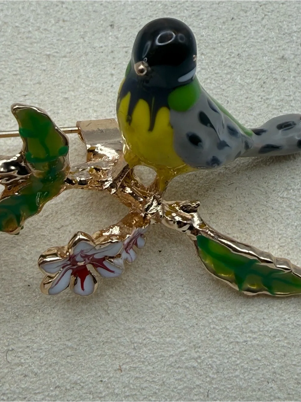 Enamel Yellow & Green Bird Floral Brooch - Unbranded